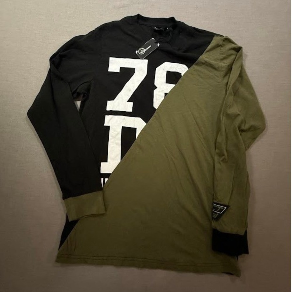 Diesel Long Sleeve T Shirt Black Green Contrast Graphic Print Size XL
